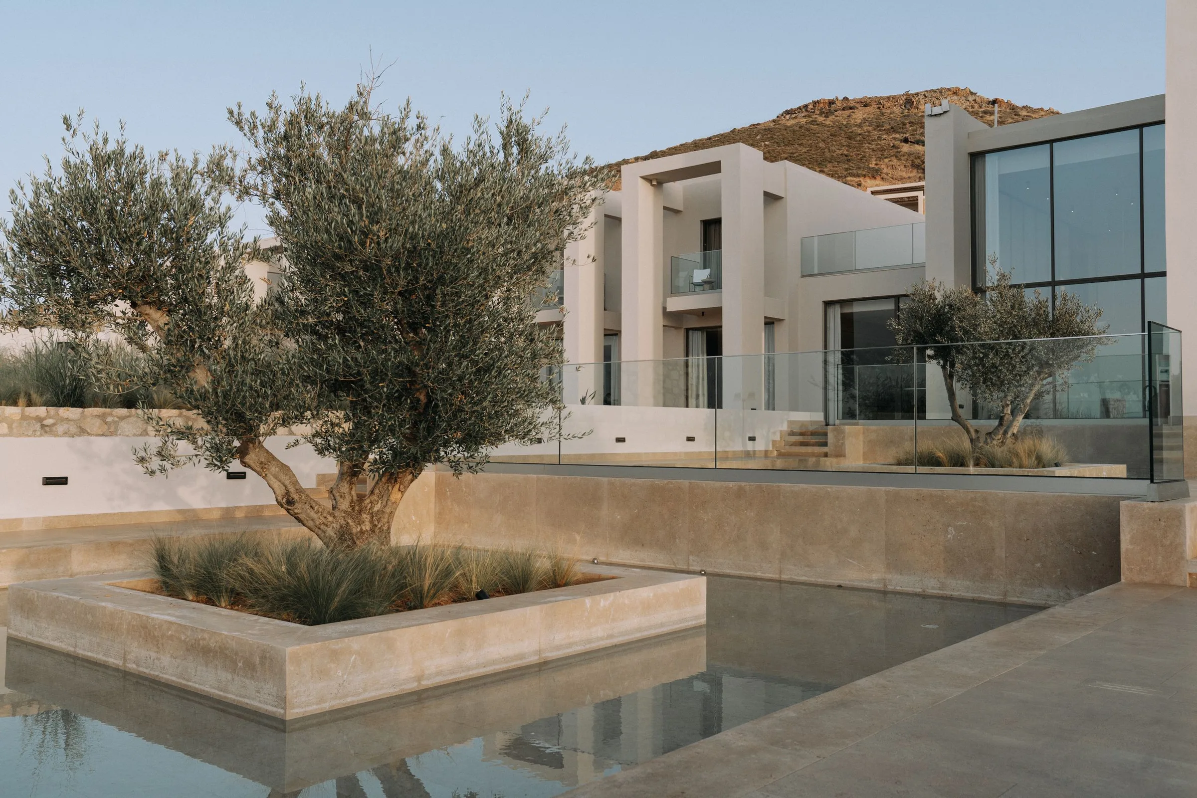 Bahçesinde zeytin ağaçları olan çağdaş bir villa